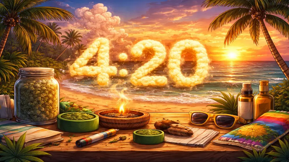 4:20 cannabis lifestyle illustratie met strand bij zonsondergang, wiet accessoires en ontspannen sfeer
