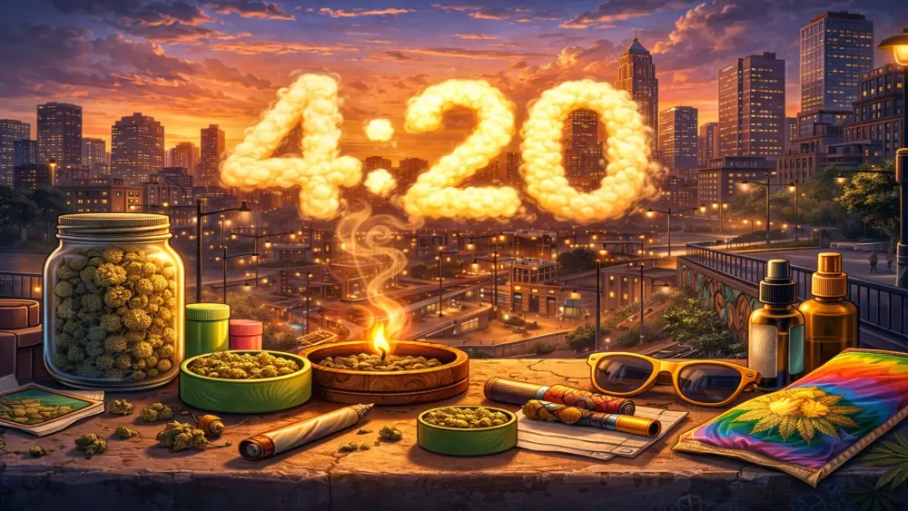 4:20 cannabis lifestyle illustratie met stadsachtergrond bij zonsondergang en cannabis accessoires