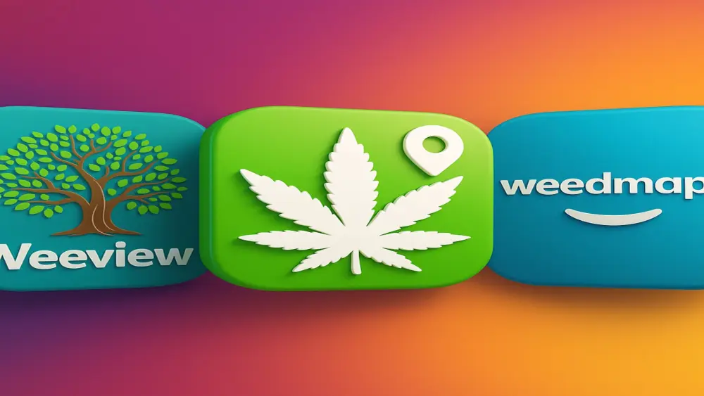 Imagen en estilo 3D de los iconos de las aplicaciones Weeview, Greenmeister y Weedmaps, mostrada en un dise&ntilde;o juguet&oacute;n y colorido con formas suaves y redondeadas.
