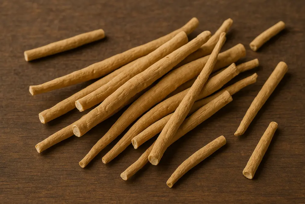Ra&iacute;ces secas de ashwagandha esparcidas sobre una superficie de madera, en tonos c&aacute;lidos terrosos y con textura claramente visible.