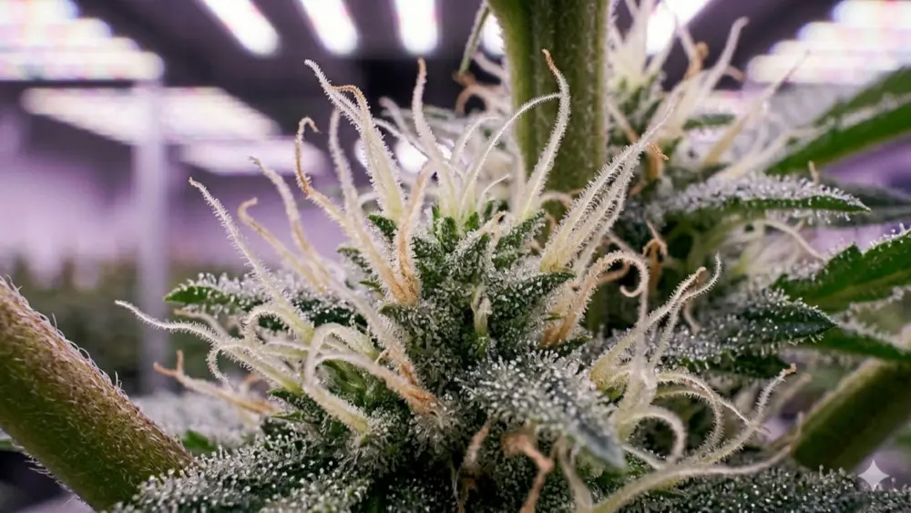 Cogollos de marihuana en floración con tricomas resinosos y brácteas bien desarrolladas