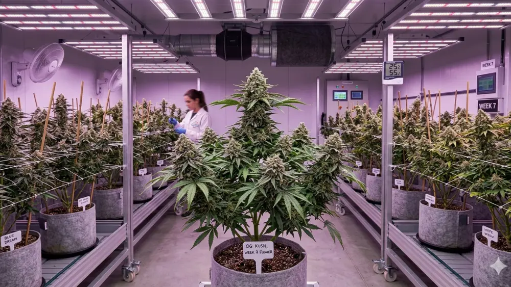 Plantas de cannabis en floración bajo un ciclo de 12 horas de luz y 12 horas de oscuridad