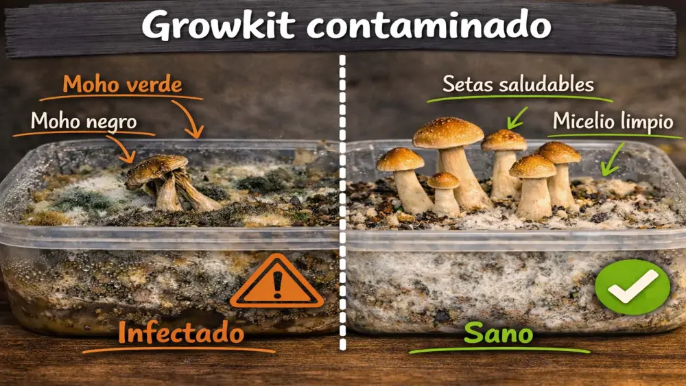 Kit de cultivo de setas alucin&oacute;genas contaminado con moho verde y negro sobre el sustrato