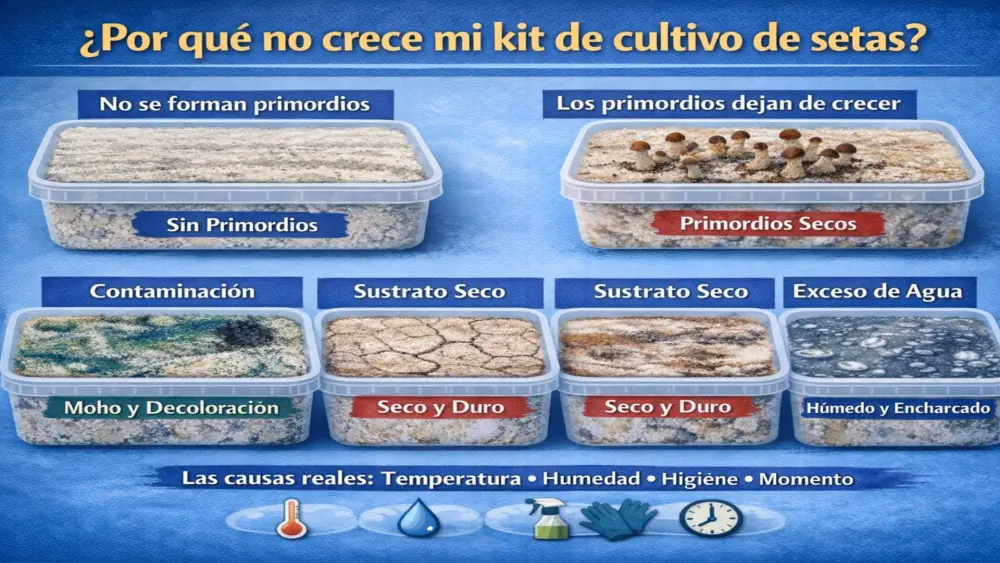 Infograf&iacute;a que explica problemas de un kit de cultivo de setas, incluyendo falta de primordios, primordios que se secan, moho, decoloraci&oacute;n, deshidrataci&oacute;n y exceso de humedad. Las causas principales son la temperatura, la humedad, la higiene y el momento del proceso.