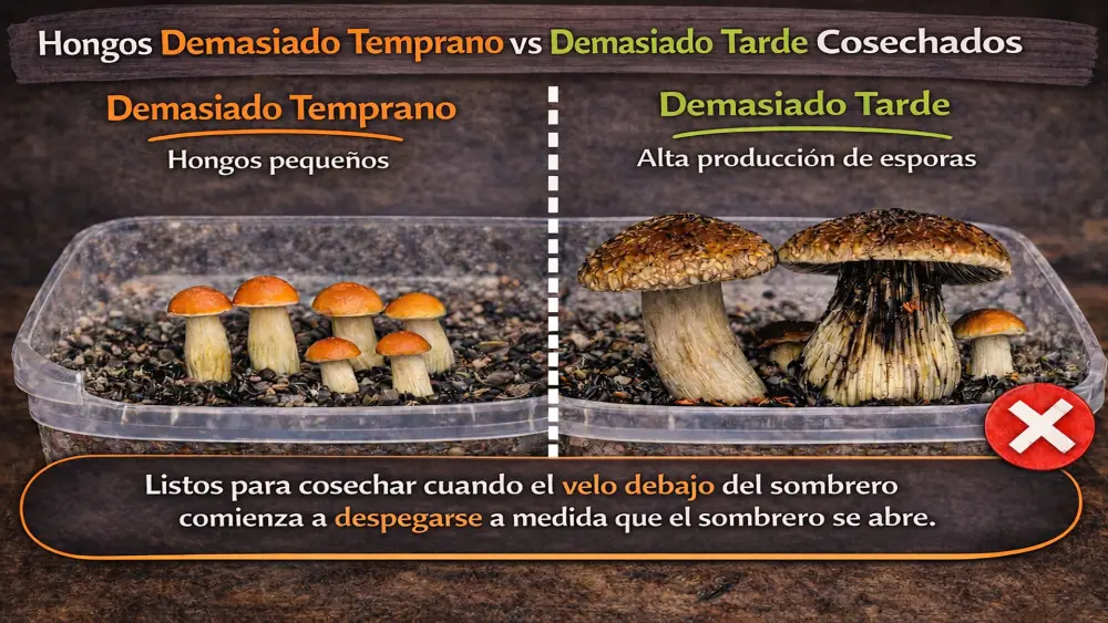 Comparaci&oacute;n de cosecha de setas alucin&oacute;genas: setas peque&ntilde;as cosechadas demasiado pronto frente a setas cosechadas demasiado tarde con esporas