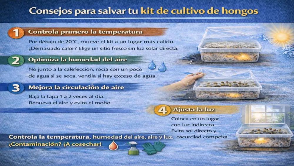 Infograf&iacute;a con consejos para salvar un kit de cultivo de setas, incluyendo comprobar la temperatura, mejorar la humedad, aumentar la ventilaci&oacute;n, utilizar luz indirecta y reconocer la contaminaci&oacute;n.