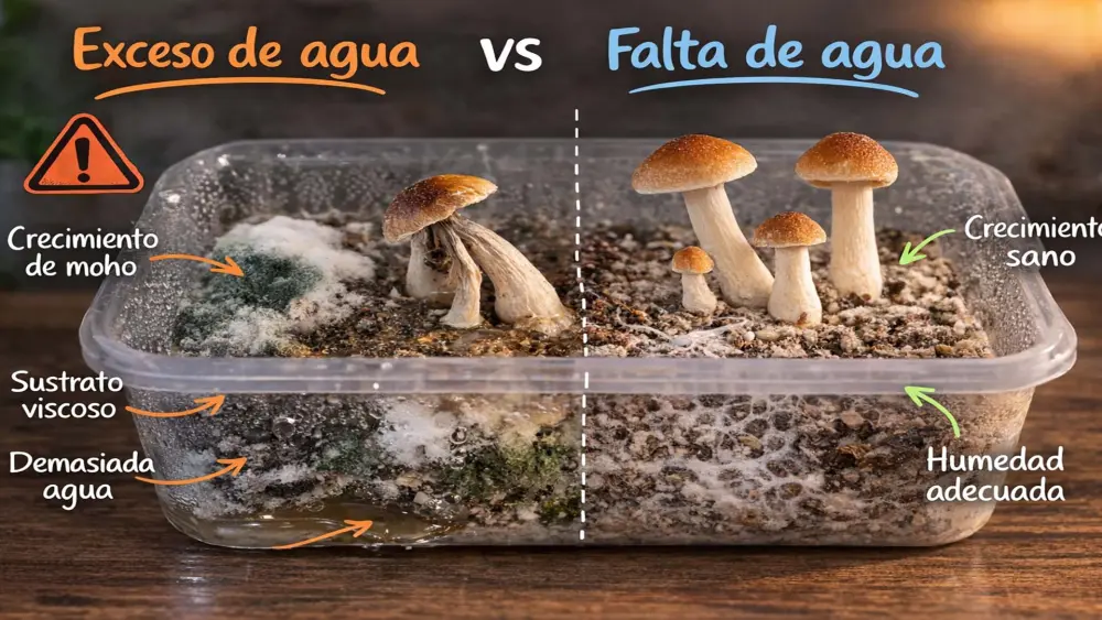 Comparaci&oacute;n entre exceso y falta de agua en un kit de cultivo de setas alucin&oacute;genas con formaci&oacute;n de moho y crecimiento saludable del micelio