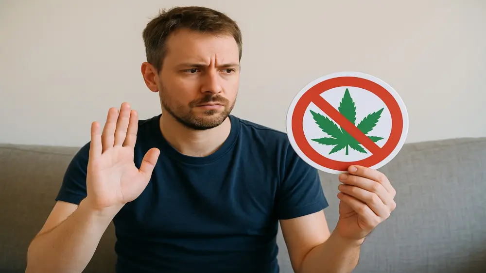 Hombre que quiere dejar de consumir cannabis, sentado en un sof&aacute; y sosteniendo una se&ntilde;al de alto con una hoja de cannabis tachada.