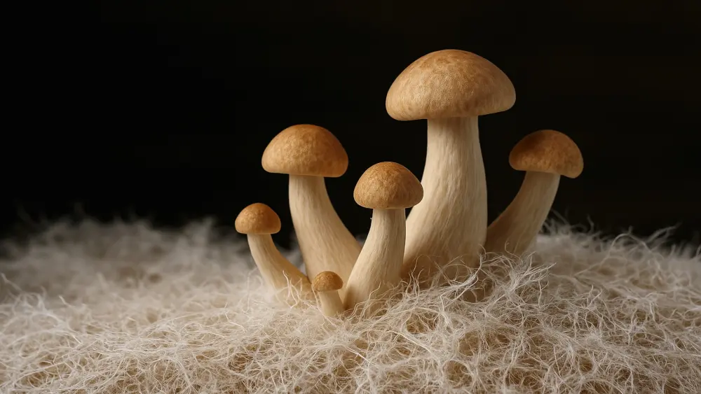 Hongos marrones que crecen a partir de micelio blanco en un entorno boscoso húmedo