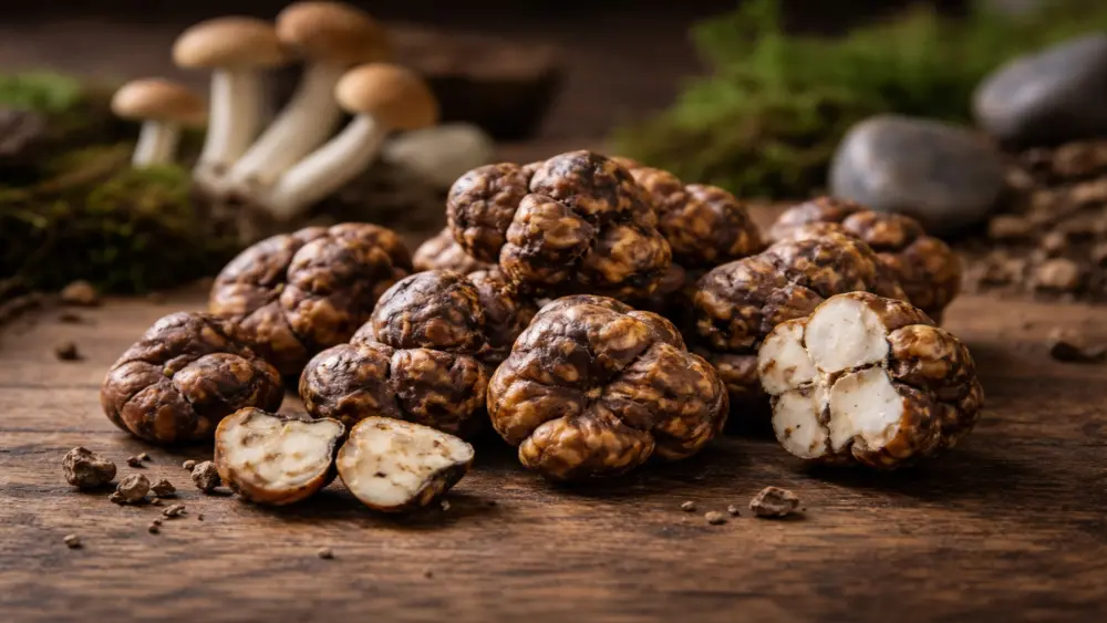Trufas frescas de psilocibina (esclerocios) sobre una mesa de madera con fondo natural.
