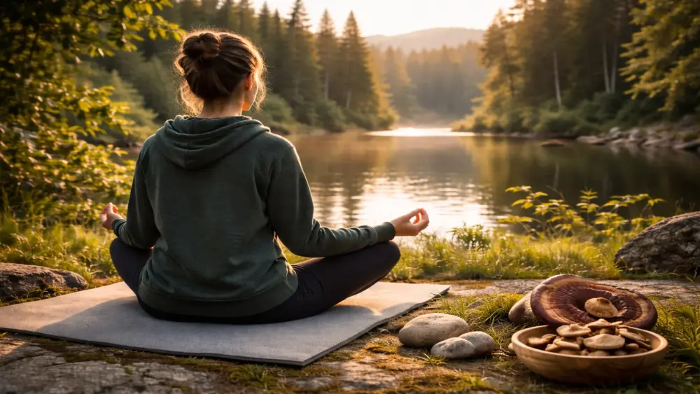 Una persona medita en la naturaleza junto al lago como un momento de descanso durante la preparación de sus estudios.
