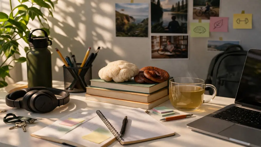 Entorno de estudio organizado con té planificador y apoyo para la concentración natural.