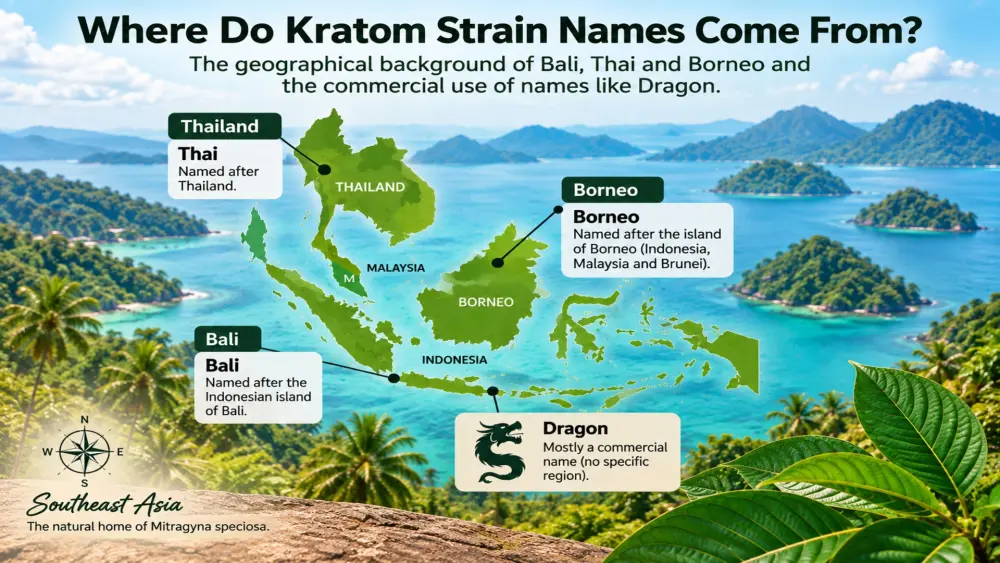 Orígenes de los nombres de kratom Bali, Thai y Borneo en el Sudeste Asiático