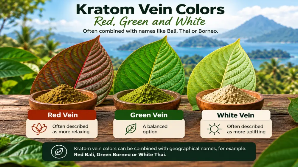 Diferencia entre el kratom rojo, verde y blanco, y los nombres geográficos del kratom.